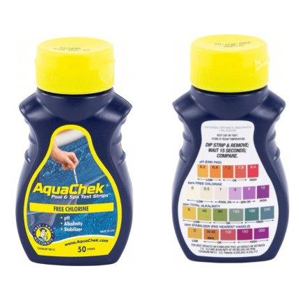 Boîte de 50 bandelettes de test Aquachek jaune Chlore, PH, Tac, Stabilisant
