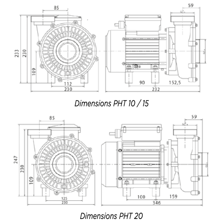 Pompe de filtration SÉRIE PHT VIPOOL – dimensions