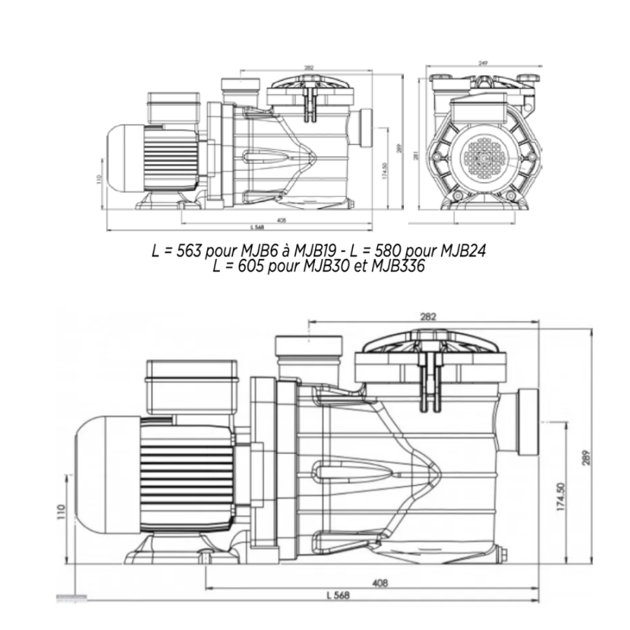 Pompe de filtration MJB auto amorçante MONO ou TRI pour piscine dimensions