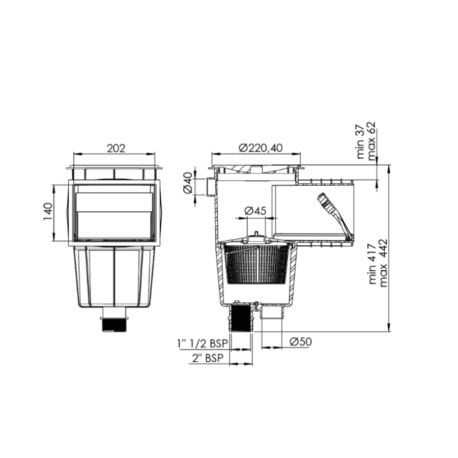 Skimmer 15L petite meurtrière pour piscine Béton ASTRAL STANDARD dimensions