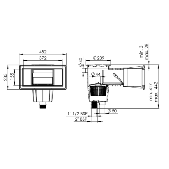 Skimmer 15L grande meurtrière pour piscine Béton ASTRAL STANDARD dimensions