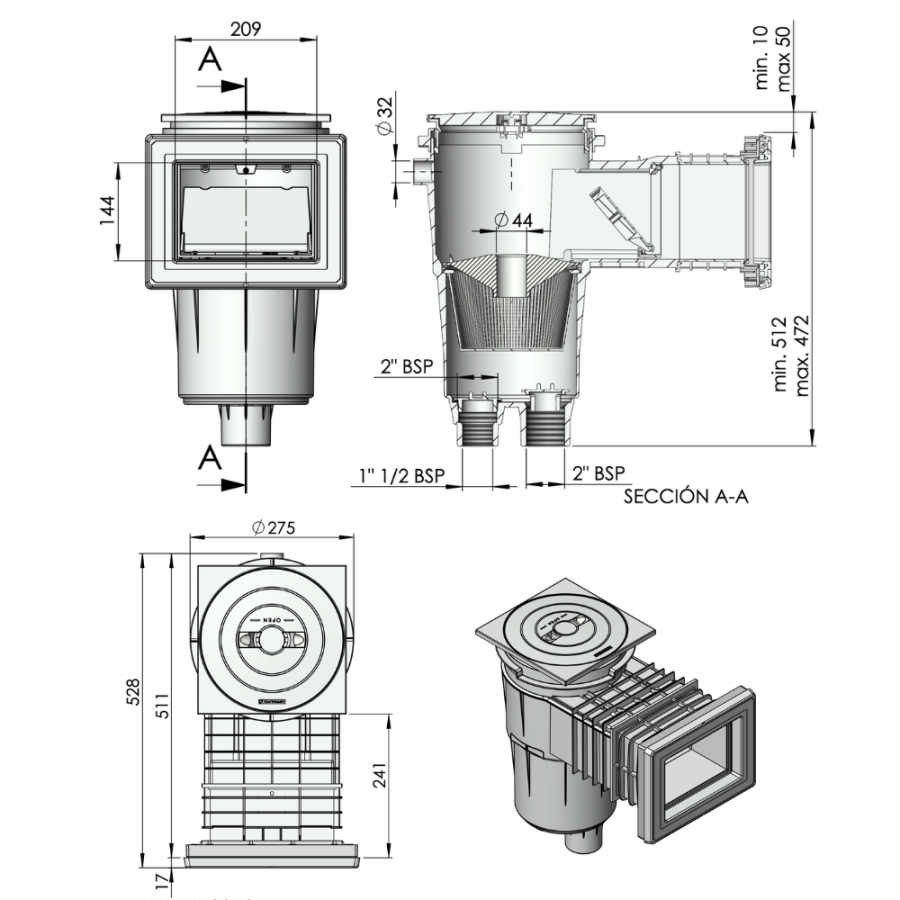 Skimmer 17,5L petite meurtrière pour piscine Béton ASTRAL PRESTIGE avec ou sans rallonge dimensions