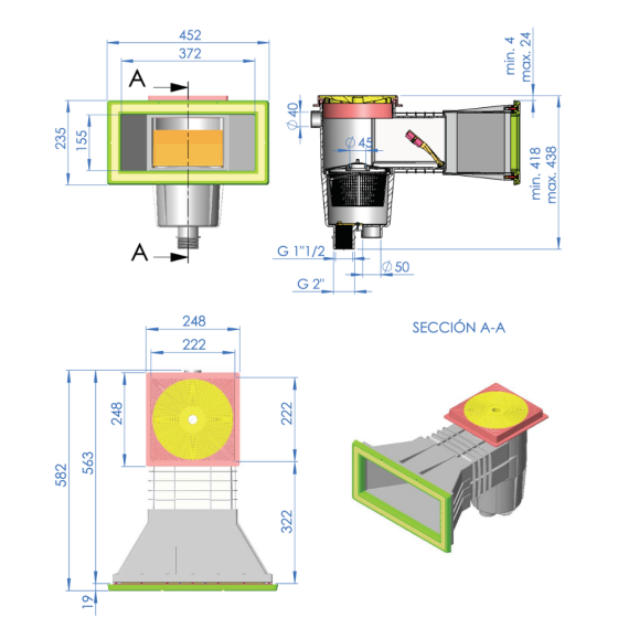 Skimmer 15L grande meurtrière pour piscine Liner ASTRAL PARKER dimensions