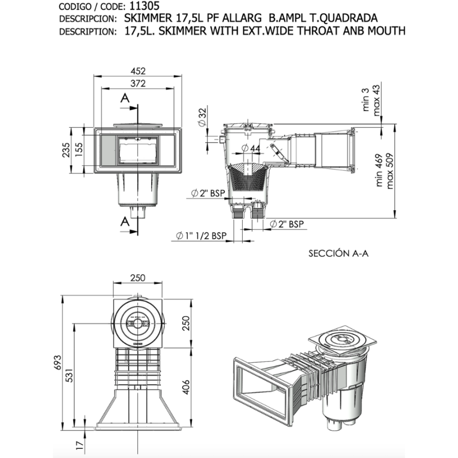 Skimmer 17,5L grande meurtrière pour piscine Béton ASTRAL PRESTIGE avec ou sans rallonge dimensions