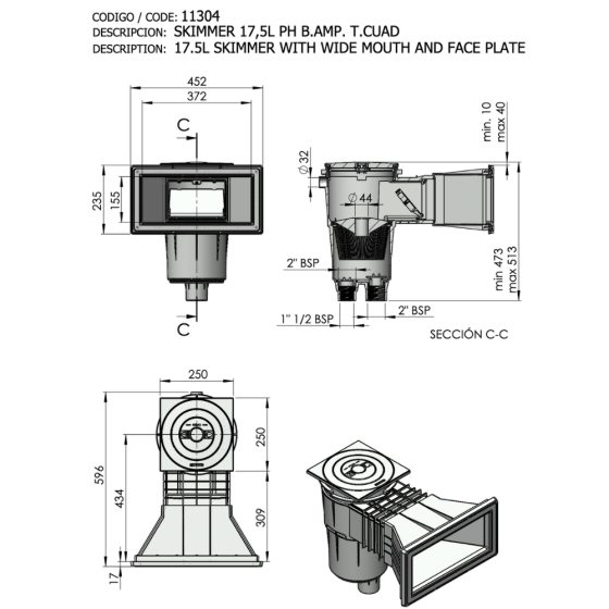 Skimmer 17,5L grande meurtrière pour piscine Béton ASTRAL PRESTIGE avec ou sans rallonge dimensions Skimmer 17,5L grande meurtrière pour piscine Béton ASTRAL PRESTIGE avec ou sans rallonge dimensions