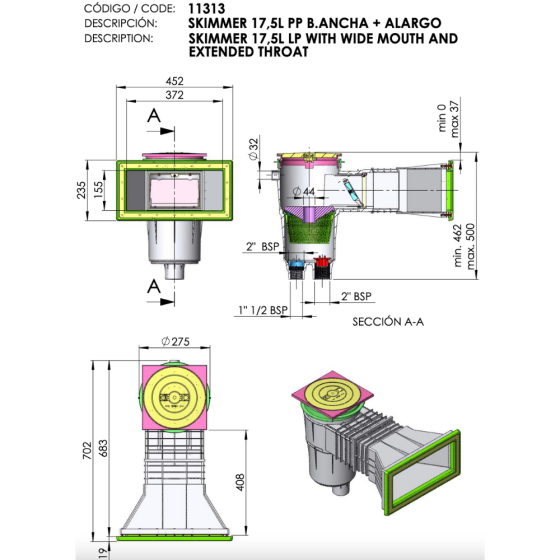 Skimmer 17,5L grande meurtrière pour piscine Liner ASTRAL PRESTIGE avec ou sans rallonge dimensions Skimmer 17,5L grande meurtrière pour piscine Liner ASTRAL PRESTIGE avec ou sans rallonge dimensions
