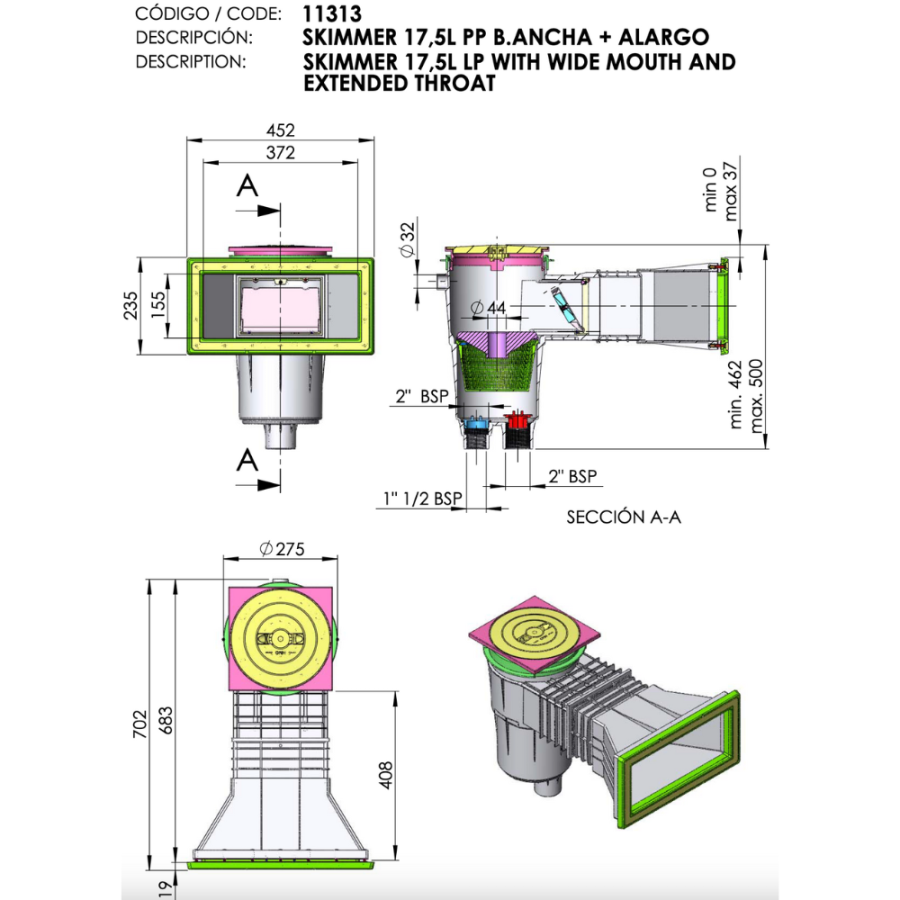 Skimmer 17,5L grande meurtrière pour piscine Liner ASTRAL PRESTIGE avec ou sans rallonge dimensions