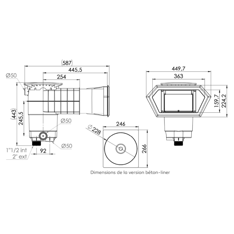 Skimmer WELTICO WE-LINE A400 pour piscine schéma dimensions