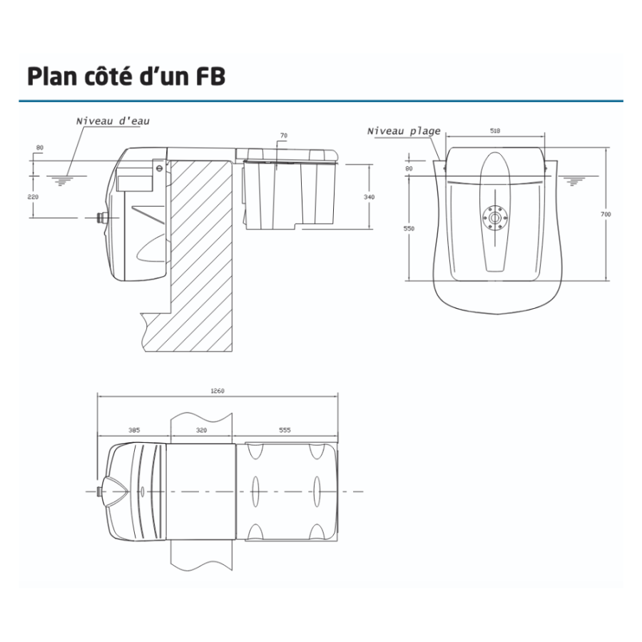 Bloc autonome FILTRINOV 45m3 de filtration pour piscine schéma des dimensions du bloc