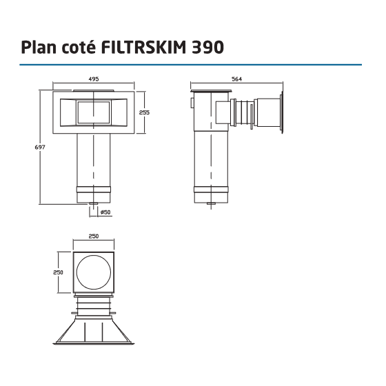 Plan côté Skimmer filtrant F390 à cartouche pour piscine PANNEAU - LINER FILTRINOV