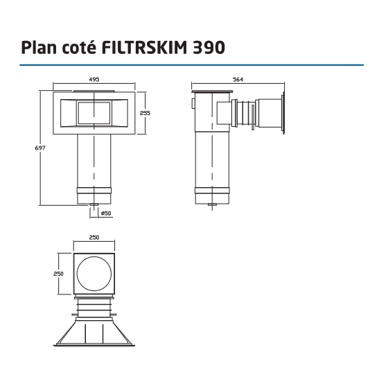 Plan côté Skimmer filtrant F390 à cartouche pour piscine PANNEAU - LINER FILTRINOV Plan côté Skimmer filtrant F390 à cartouche pour piscine PANNEAU - LINER FILTRINOV