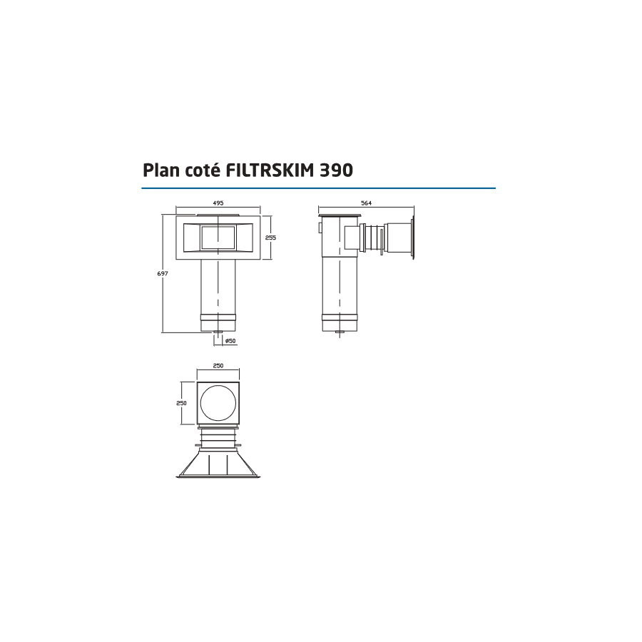 Plan côté Skimmer filtrant F390 à cartouche pour piscine PANNEAU - LINER FILTRINOV