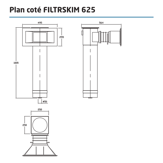 Plan côté Skimmer filtrant F625 à cartouche pour piscine PANNEAU - LINER FILTRINOV