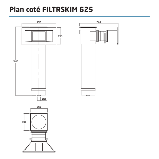 Plan côté Skimmer filtrant F625 à cartouche pour piscine PANNEAU - LINER FILTRINOV Plan côté Skimmer filtrant F625 à cartouche pour piscine PANNEAU - LINER FILTRINOV