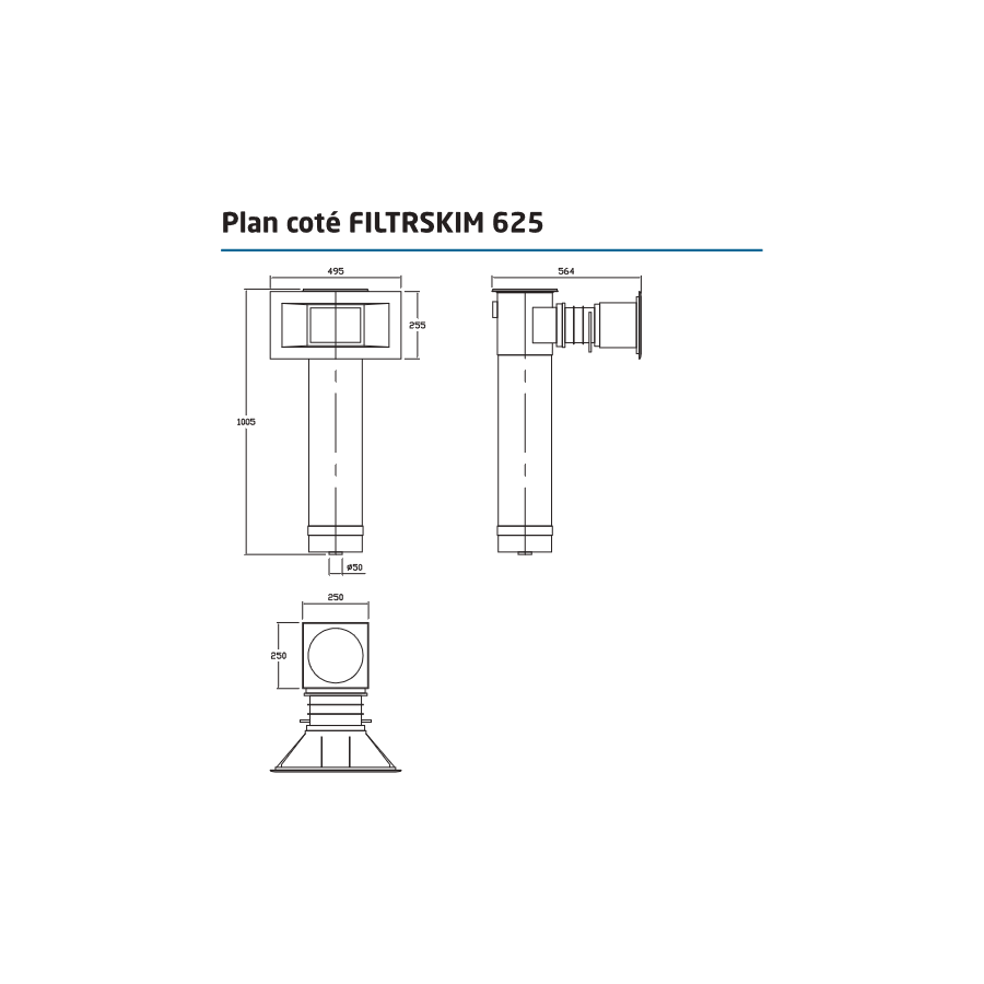 Plan côté Skimmer filtrant F625 à cartouche pour piscine PANNEAU - LINER FILTRINOV