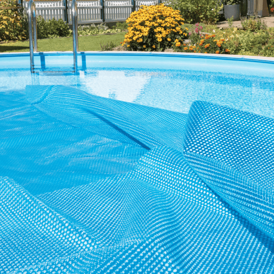 Photo d'une piscine hors sol avec une bâche à bulle ronde bleu classique